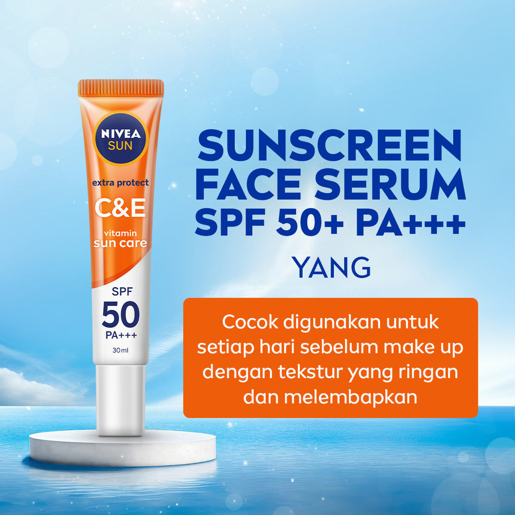 NIVEA SUN Sunscreen Face Serum Extra Protect C&E SPF50+ PA+++ 30ml - Sunscreen wajah serum sunblock mencerahkan brightening tone up SPF UV harian lightweight gel tekstur ringan cepat meresap tidak lengket no whitecast - Vitamin C, Vitamin E