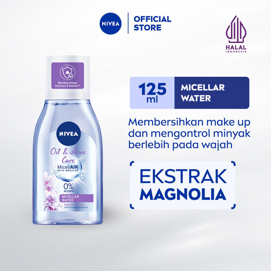 NIVEA Micellar Water MicellAir Oil & Acne Care 125ml - Pembersih make up aman untuk kulit berminyak jerawat sensitif oily acne prone skin penghapus riasan wajah double cleansing tanpa alkohol - Magnolia Bark Extract, 0% Alcohol