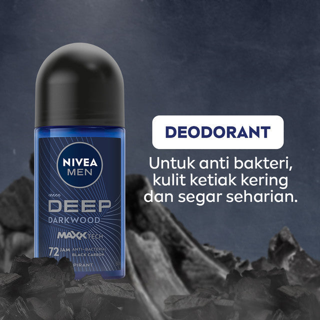 NIVEA MEN Deodorant Roll On Deep Darkwood 25ml - Deodoran pria melawan bakteri keringat bau badan dengan wangi parfum premium maskulin blackwood menjaga ketiak kering tahan lama seharian - Antiperspiran, Black charcoal