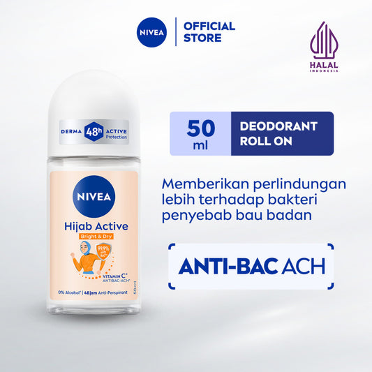 NIVEA Deodorant Roll On Brightening Anti Bacterial 50ml - Deodoran wanita hijab antiperspirant dan anti bakteri tahan bau keringat badan dengan wangi segar tahan lama seharian - Micro Vitamin C, 0% alkohol cocok untuk semua jenis kulit
