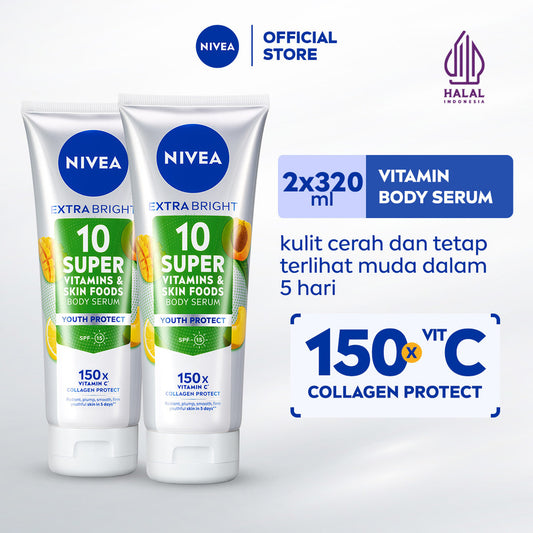 (PAKET HEMAT ISI 2) NIVEA Body Serum Extra Bright 10 Super Vitamins Youth Protect SPF15 320ml - Hand body serum lotion moisturizer mencerahkan kulit mengencangkan kulit kendur melembabkan anti aging penuaan dini - 150x Vitamin C, Collagen, antioksidan