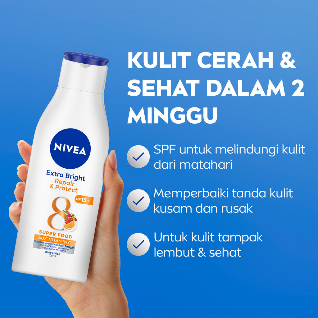 NIVEA Body Lotion Extra Bright Repair & Protect SPF15 100ml - Hand body lotion moisturizer mencerahkan kulit kusam rusak badan glowing brightening tone up melembabkan kering SPF UV matahari sunscreen - 40x Vitamin C, Grapeseed oil, 8 Super food