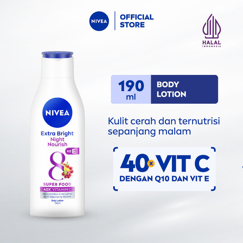 NIVEA Body Lotion Extra Bright Night Nourish Vit E 190ml - Hand body lotion moisturizer mencerahkan kulit kusam cerah badan glowing brightening tone up melembabkan kering pagi malam day & night - 40x Vitamin C, Vitamin E, 8 Super food