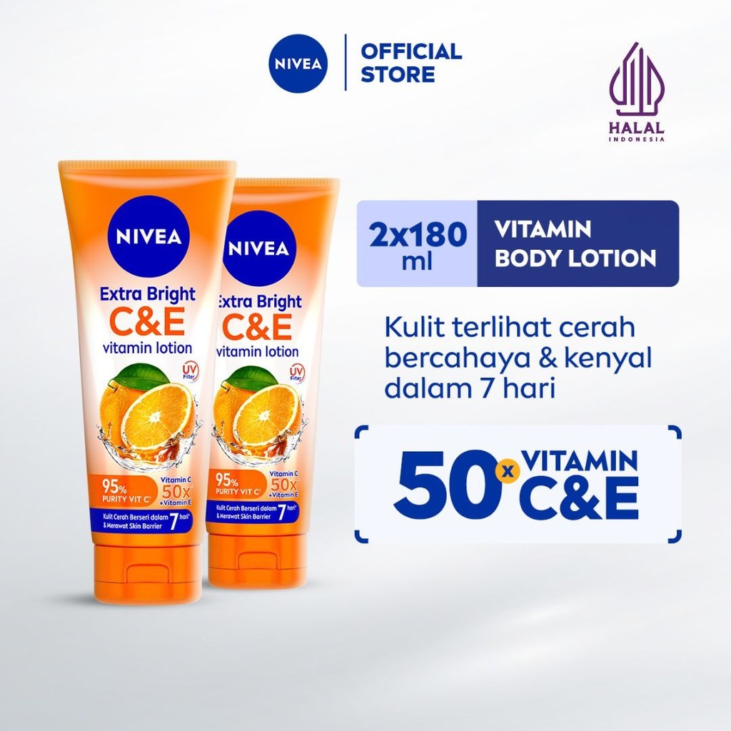 (PAKET HEMAT ISI 2) NIVEA Body Lotion Extra Bright C&E Vitamin Lotion UV Filter 180ml - Hand body serum lotion moisturizer mencerahkan kulit kusam badan glowing brightening tone up melembabkan - 50x Vitamin C & E, UVA UVB Filter