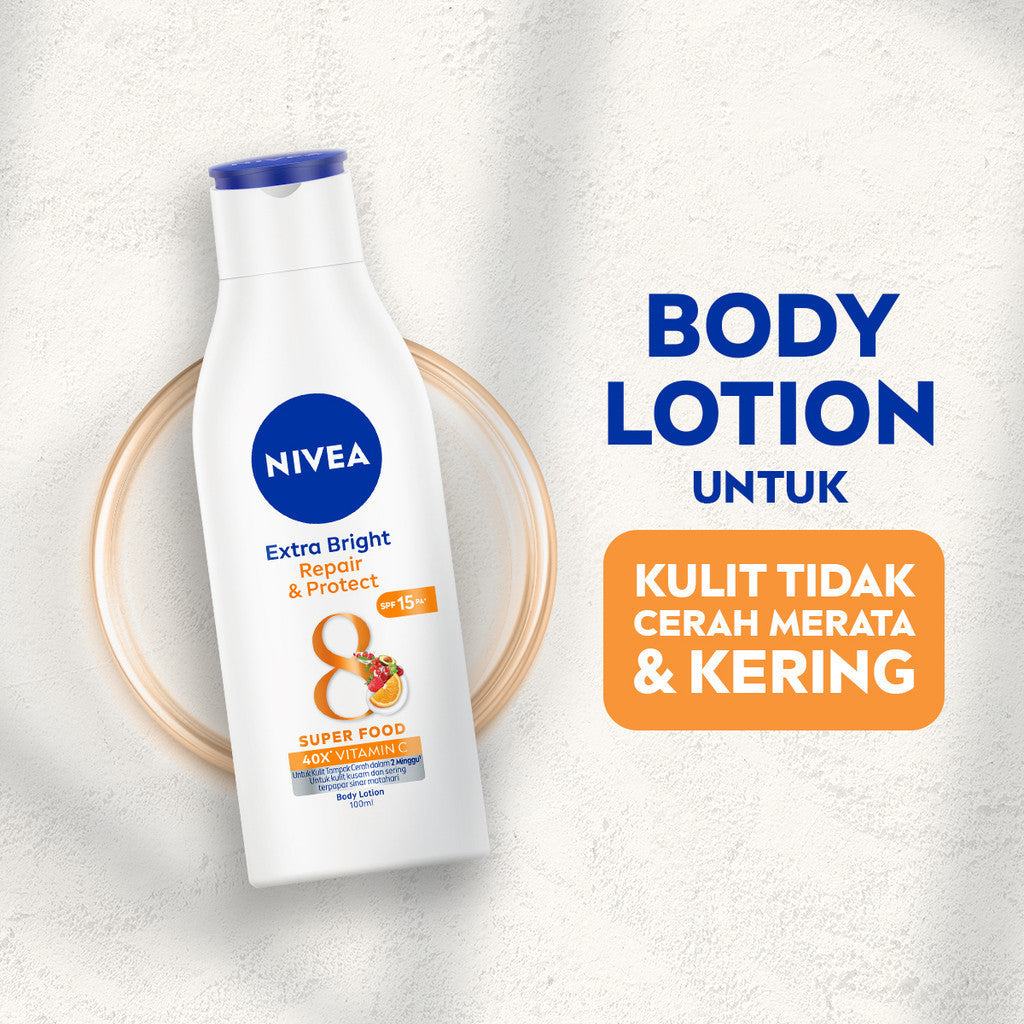 (PAKET HEMAT ISI 3) NIVEA Body Lotion Extra Bright Repair & Protect SPF15 100ml - Hand body lotion moisturizer mencerahkan kulit kusam rusak badan glowing brightening tone up melembabkan kering SPF UV sunscreen - 40x Vitamin C, Grapeseed oil, 8 Super food