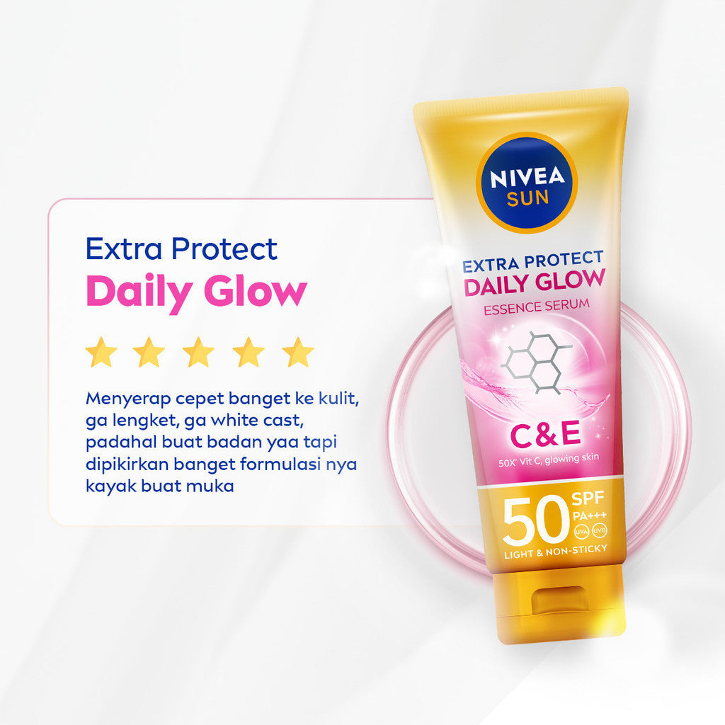 NIVEA SUN Sunscreen Body Serum Daily Glow Essence Serum SPF50+ PA+++ 180ml - Sunscreen badan serum sunblock mencerahkan SPF UV harian lightweight tekstur ringan cepat meresap tidak lengket no whitecast blue light polusi - 50x Vitamin C, Vitamin E