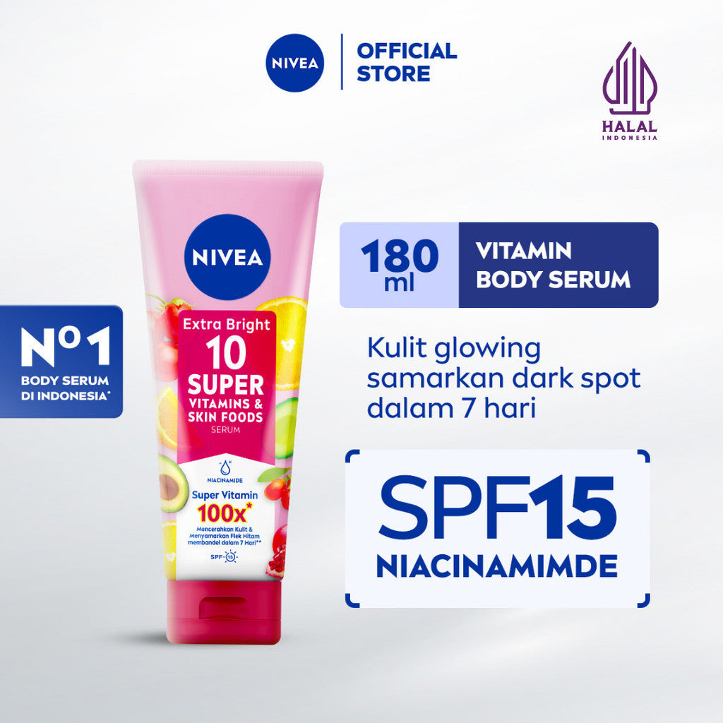 NIVEA Body Serum Extra Bright 10 Super Vitamins SPF15 180ml - Hand body serum lotion moisturizer menyamarkan noda flek hitam dark spot mencerahkan kulit kusam badan glowing brightening tone up melembabkan - 10x Vitamin C, Niacinamide, Pomegranate