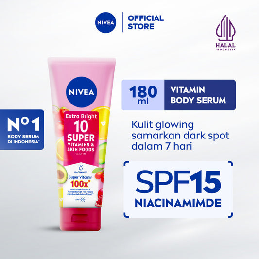 NIVEA Body Serum Extra Bright 10 Super Vitamins SPF15 180ml - Hand body serum lotion moisturizer menyamarkan noda flek hitam dark spot mencerahkan kulit kusam badan glowing brightening tone up melembabkan - 10x Vitamin C, Niacinamide, Pomegranate