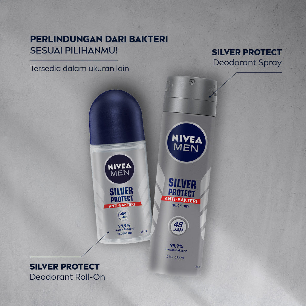 NIVEA MEN Deodorant Roll On Silver Protect 50ml - Deodoran pria anti bakteri antiperspirant anti noda baju wangi segar ketiak kering tahan lama seharian tahan keringat anti bau - Antiperspiran, tidak mengandung ethyl alkohol