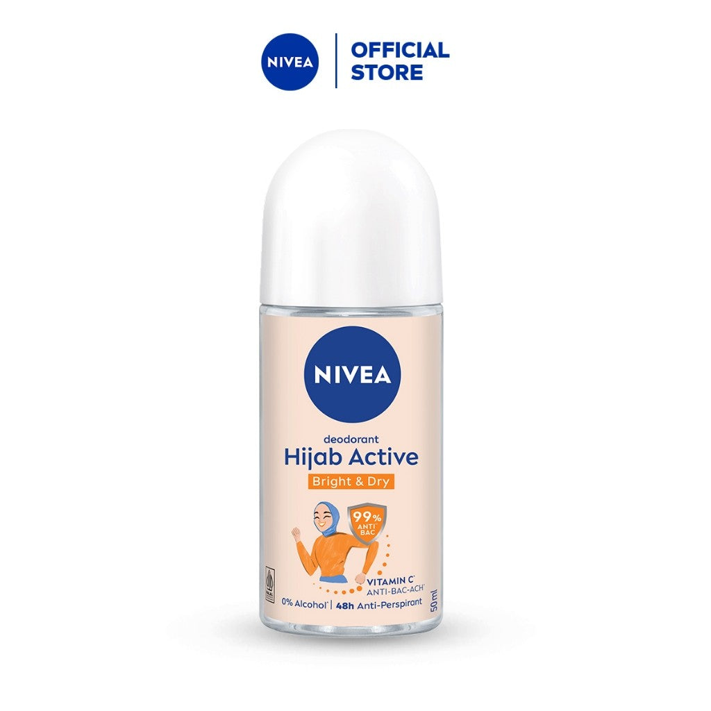 NIVEA Deodorant Roll On Brightening Anti Bacterial 50ml - Deodoran wanita hijab antiperspirant dan anti bakteri tahan bau keringat badan dengan wangi segar tahan lama seharian - Micro Vitamin C, 0% alkohol cocok untuk semua jenis kulit