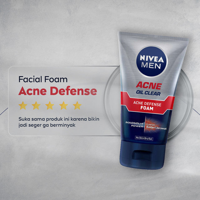 NIVEA MEN Facial Foam Oil Clear Acne Defense  50ml - Sabun cuci muka pria bebas jerawat anti bakteri pembersih wajah kulit berminyak face wash oily acne prone skin membersihkan komedo mengecilkan pori - Magnolia Power, L-Carnitine