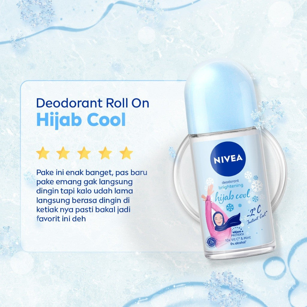 NIVEA Deodorant Roll On Brightening Hijab Cool 50ml - Deodoran wanita hijab halal mencerahkan brightening kulit ketiak tahan keringat bau badan sensasi dingin instant wangi segar tahan lama seharian - Antiperspiran, Ekstrak Mint, Halal