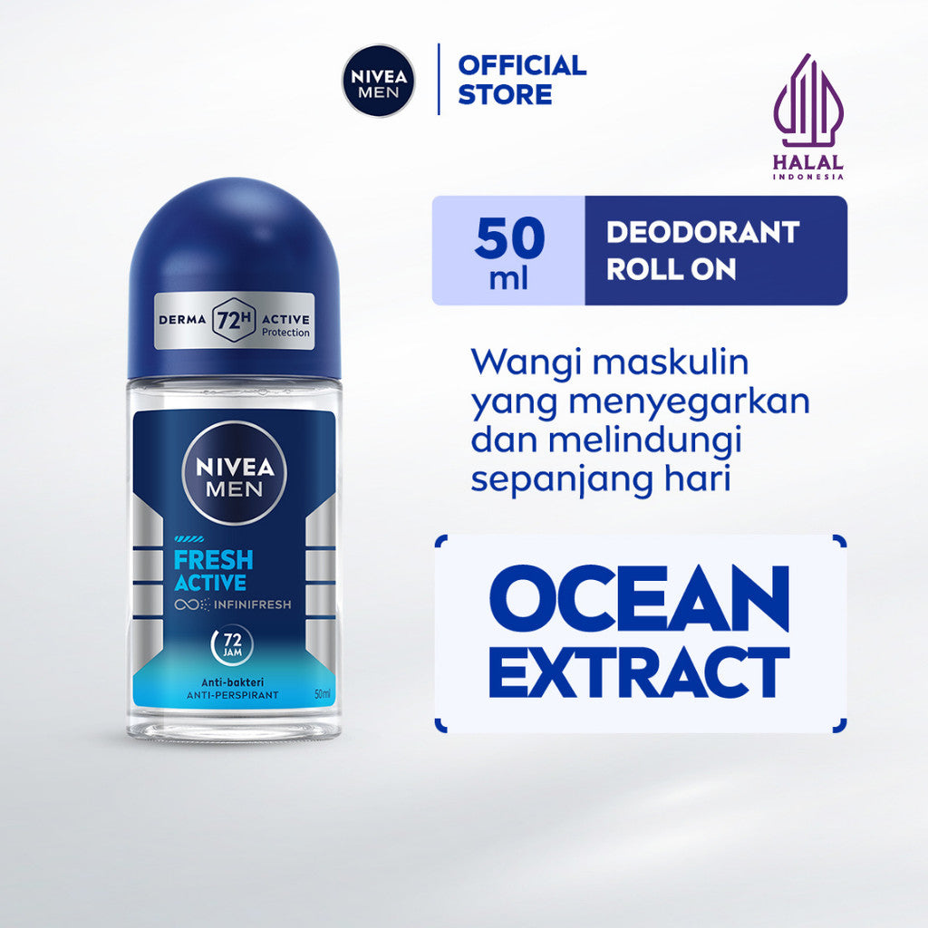 NIVEA MEN Deodorant Roll On Fresh Active 50ml - Deodoran pria anti bakteri antiperspirant anti noda baju wangi segar ketiak kering tahan lama seharian tahan keringat anti bau - Antiperspiran, tidak mengandung ethyl alkohol