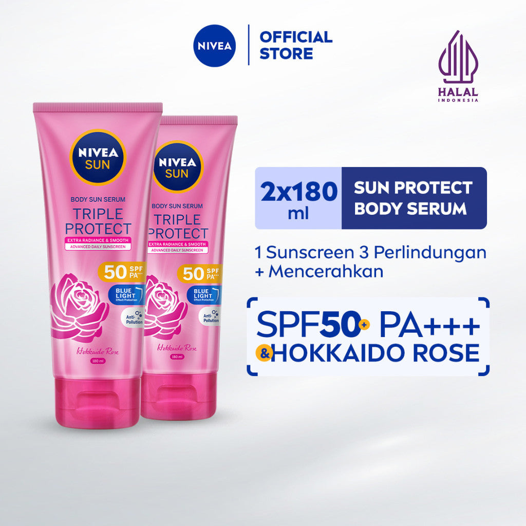 (PAKET HEMAT ISI 2) NIVEA SUN Sunscreen Body Serum Triple Protect Extra Radiance & Smooth SPF50 PA+++ 180ml - Sunscreen badan sunblock mencerahkan SPF UV lightweight tekstur ringan cepat meresap tidak lengket no whitecast blue light polusi - Hokkaido Rose