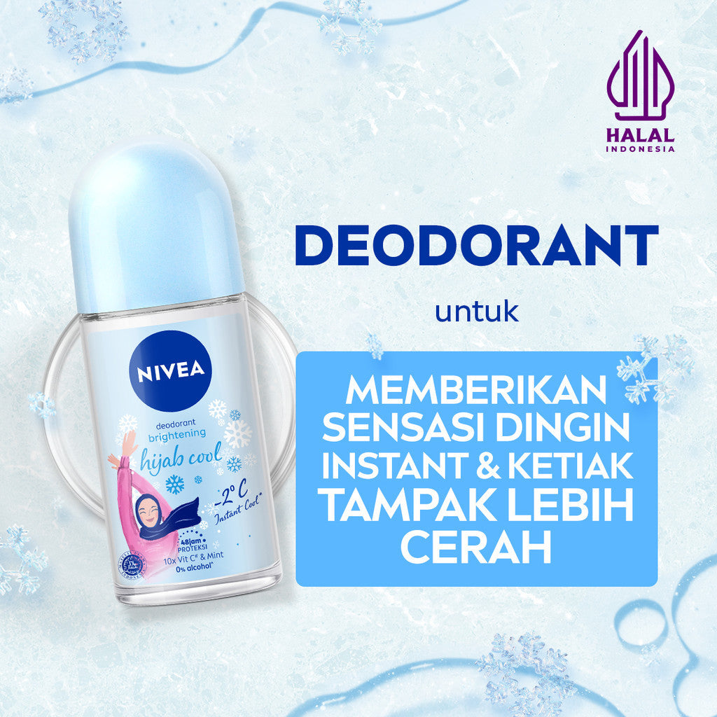 (PAKET HEMAT ISI 3) NIVEA Deodorant Roll On Brightening Hijab Cool 50ml - Deodoran wanita hijab halal mencerahkan brightening kulit ketiak tahan keringat bau badan sensasi dingin instant wangi segar seharian - Antiperspiran, Ekstrak Mint, Halal