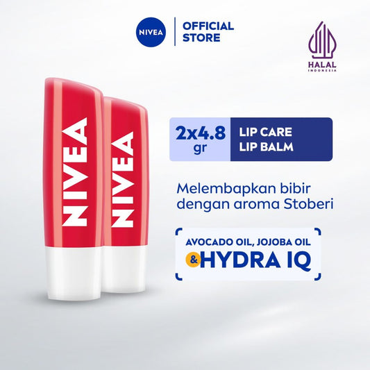 (PAKET HEMAT ISI 2) NIVEA Lip Balm Strawberry Shine 4.8gr - Pelembap bibir warna pink tinted pigmented melembabkan plumpy kering pecah-pecah tahan lama melindungi bibir intensif lembap tidak berminyak glossy - Avocado Oil, Jojoba Oil, Hydra IQ