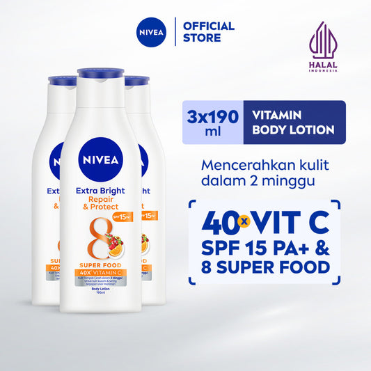 (PAKET HEMAT ISI 3) NIVEA Body Lotion Extra Bright Repair & Protect SPF15 190ml - Hand body lotion moisturizer mencerahkan kulit kusam rusak badan glowing brightening tone up melembabkan kering SPF UV sunscreen - 40x Vitamin C, Grapeseed oil, 8 Super food