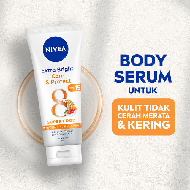 NIVEA Body Serum Extra Bright Care & Protect SPF 15 180ml - Hand body serum lotion moisturizer mencerahkan kulit kusam badan glowing brightening tone up melembabkan kering SPF UV matahari sunscreen - 95% Vitamin C, Grapeseed Oil, 8 Super food