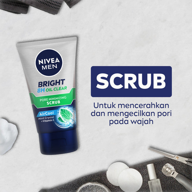 NIVEA MEN Face Scrub Bright Oil Clear Pore Minimizing Scrub 100ml - Sabun cuci muka pria scrub mencerahkan minyak berlebih berminyak kulit kusam pembersih wajah cerah mengecilkan pori komedo polusi debu kotoran - Vitamin C, Mint Crystal, Scrub halus