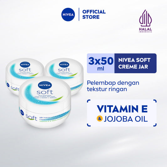 (PAKET HEMAT ISI 3) NIVEA Cream Moisturizer Soft Creme Jar 50ml - Hand body krim cream mositurizer multifungsi jar putih body care kulit kering kasar badan wajah muka sikut tumit memperbaiki skin barrier pelembab kulit - Vitamin E, Jojoba Oil