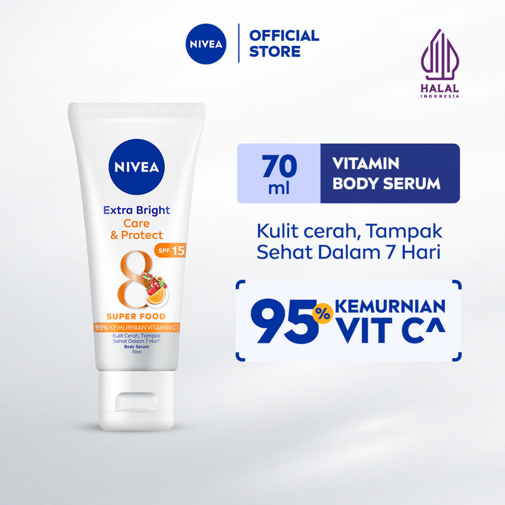NIVEA Body Serum Extra Bright Care & Protect SPF 15 70ml - Hand body serum lotion moisturizer mencerahkan kulit kusam badan glowing brightening tone up melembabkan kering SPF UV matahari sunscreen - 95% Vitamin C, Grapeseed Oil, 8 Super food
