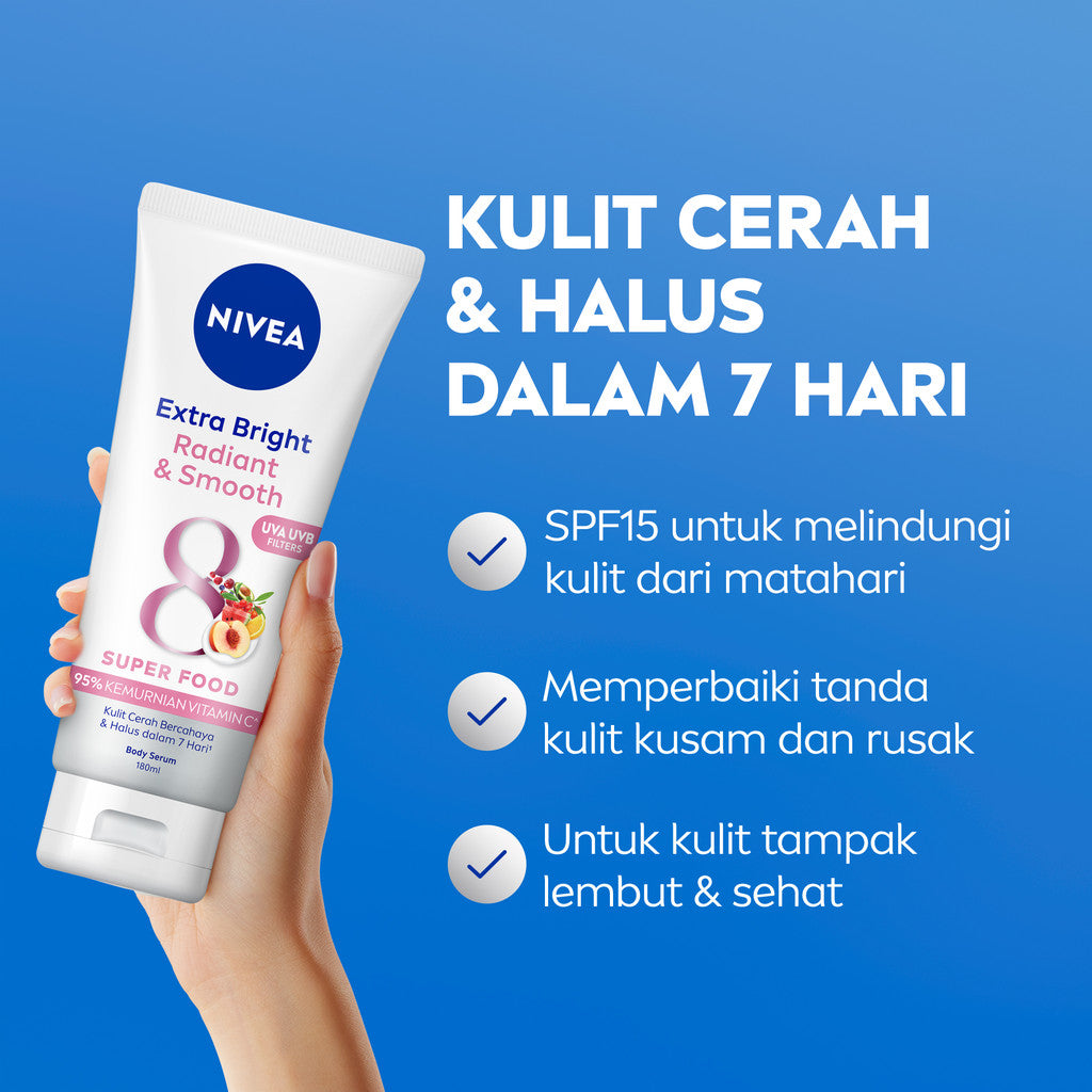 NIVEA Body Serum Extra Bright Radiant & Smooth UV Filter 180ml - Hand body serum lotion moisturizer mencerahkan kulit kusam halus lembut badan glowing brightening tone up serum melembabkan kulit kering - 95% Vitamin C, UVA UVB Filter, 8 Super food