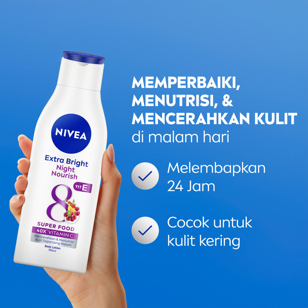 NIVEA Body Lotion Extra Bright Night Nourish Vit E 190ml - Hand body lotion moisturizer mencerahkan kulit kusam cerah badan glowing brightening tone up melembabkan kering pagi malam day & night - 40x Vitamin C, Vitamin E, 8 Super food