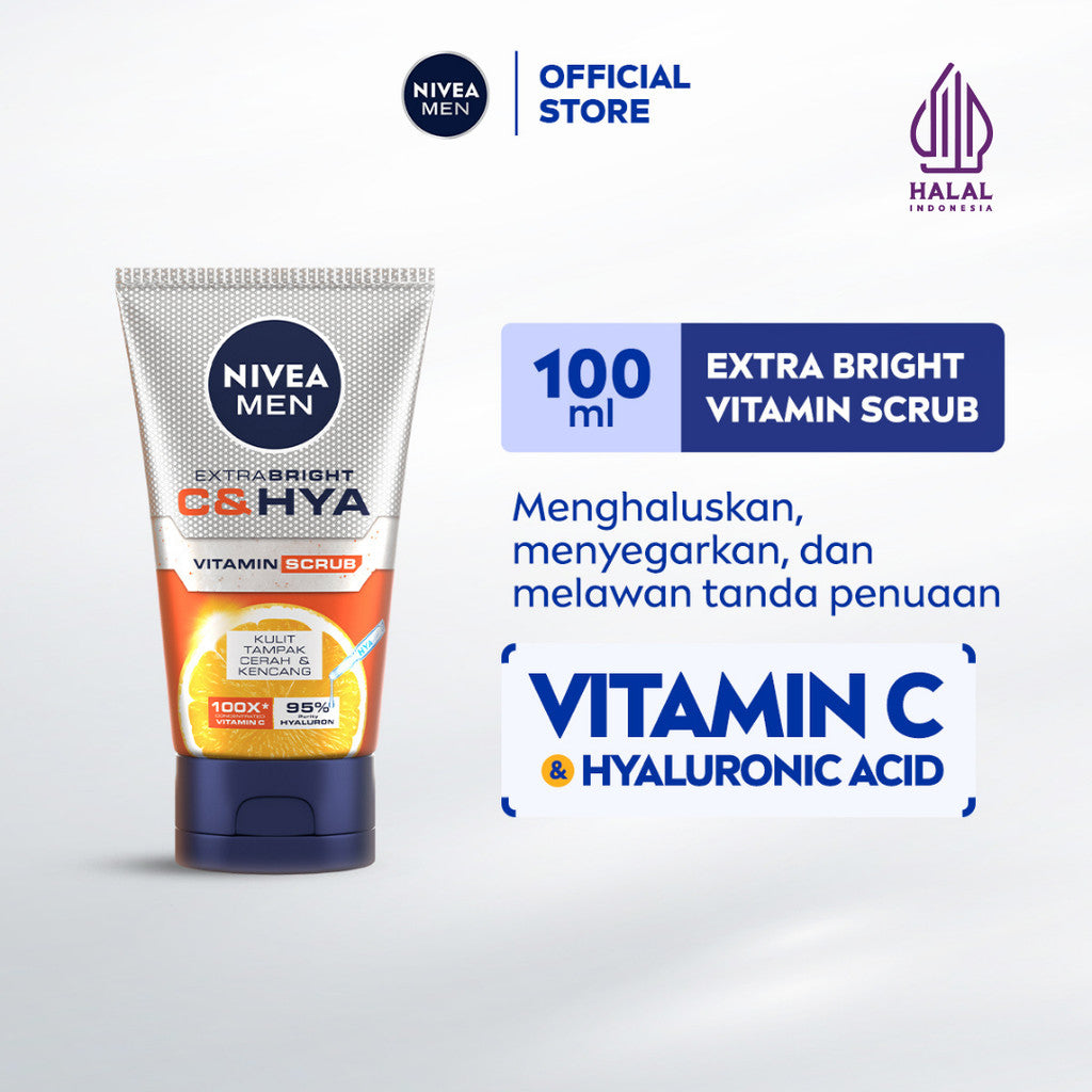 NIVEA MEN Vitamin Scrub Extra Bright C&HYA 100ml - Sabun cuci muka pria scrub mencerahkan mengangkat sel kulit mati brightening kulit kusam facial wash pembersih wajah cerah membersihkan pori pori polusi debu kotoran - Vitamin C, Hyaluronic acid