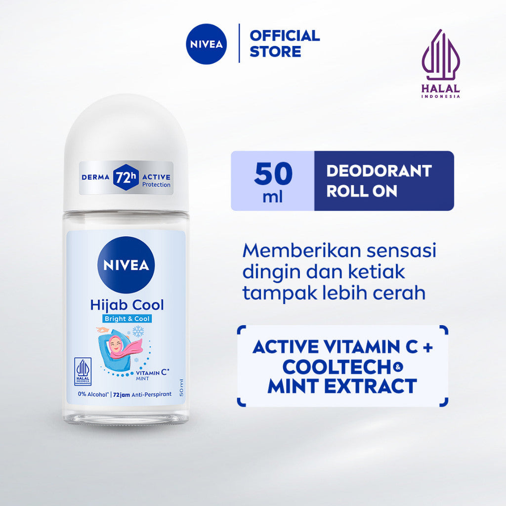 NIVEA Deodorant Roll On Brightening Hijab Cool 50ml - Deodoran wanita hijab halal mencerahkan brightening kulit ketiak tahan keringat bau badan sensasi dingin instant wangi segar tahan lama seharian - Antiperspiran, Ekstrak Mint, Halal