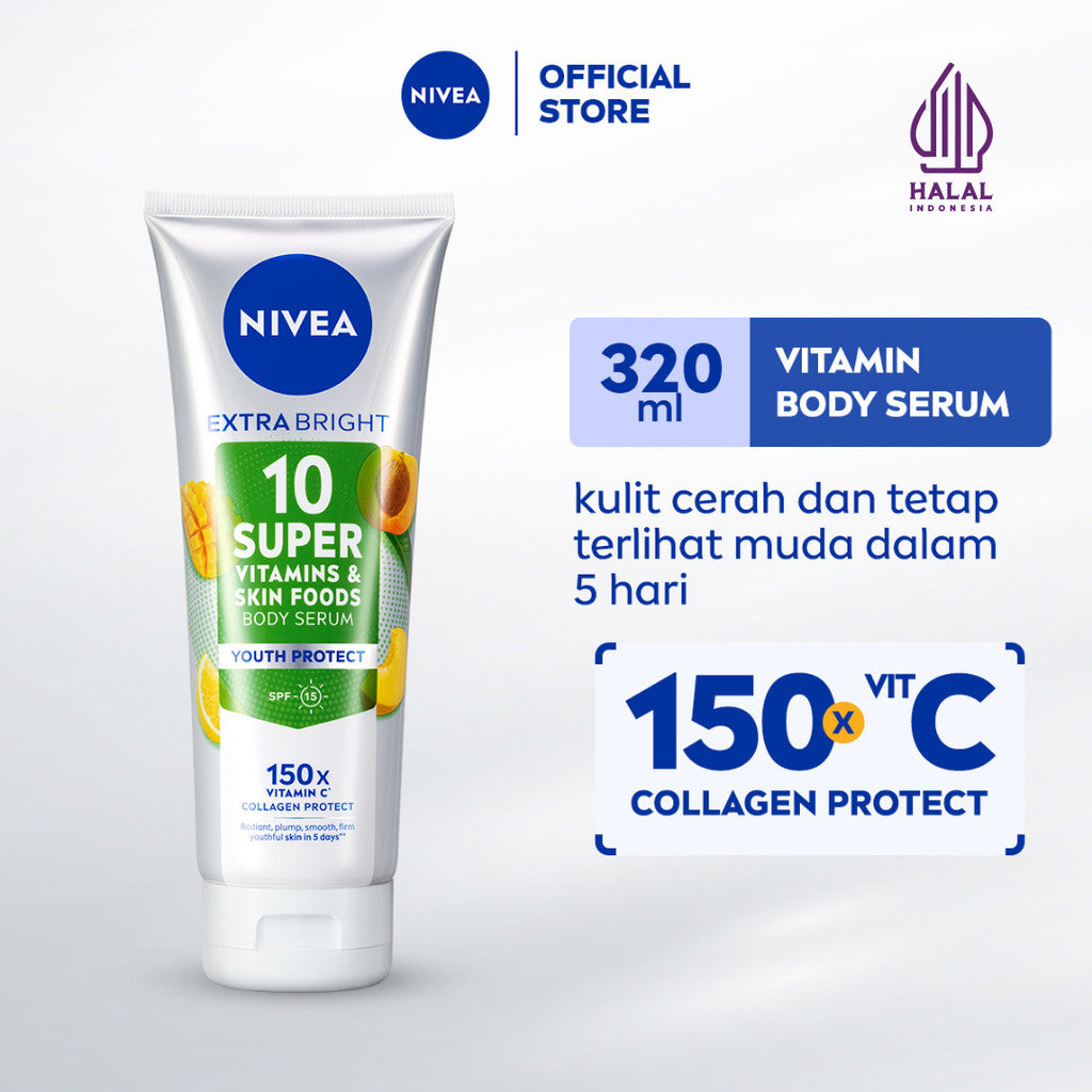 NIVEA Body Serum Extra Bright 10 Super Vitamins Youth Protect SPF15 320ml - Hand body serum lotion moisturizer mencerahkan kulit mengencangkan kulit kendur kencang melembabkan kering anti aging penuaan dini - 150x Vitamin C, Collagen, antioksidan