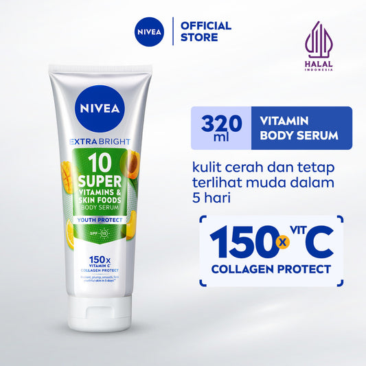 NIVEA Body Serum Extra Bright 10 Super Vitamins Youth Protect SPF15 320ml - Hand body serum lotion moisturizer mencerahkan kulit mengencangkan kulit kendur kencang melembabkan kering anti aging penuaan dini - 150x Vitamin C, Collagen, antioksidan