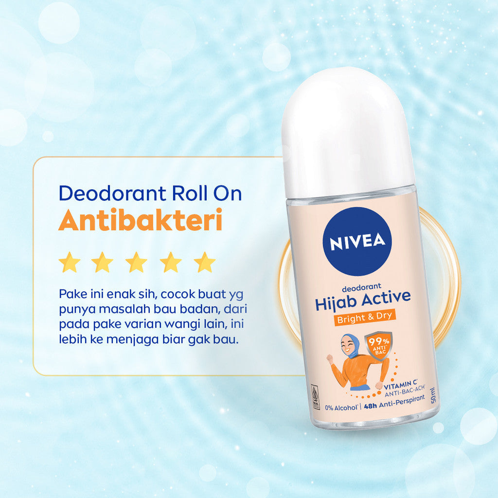 (PAKET HEMAT ISI 3) NIVEA Deodorant Roll On Brightening Anti Bacterial 50ml - Deodoran wanita hijab antiperspirant dan anti bakteri tahan bau keringat badan dengan wangi segar tahan lama seharian - Micro Vitamin C, 0% alkohol cocok untuk semua jenis kulit