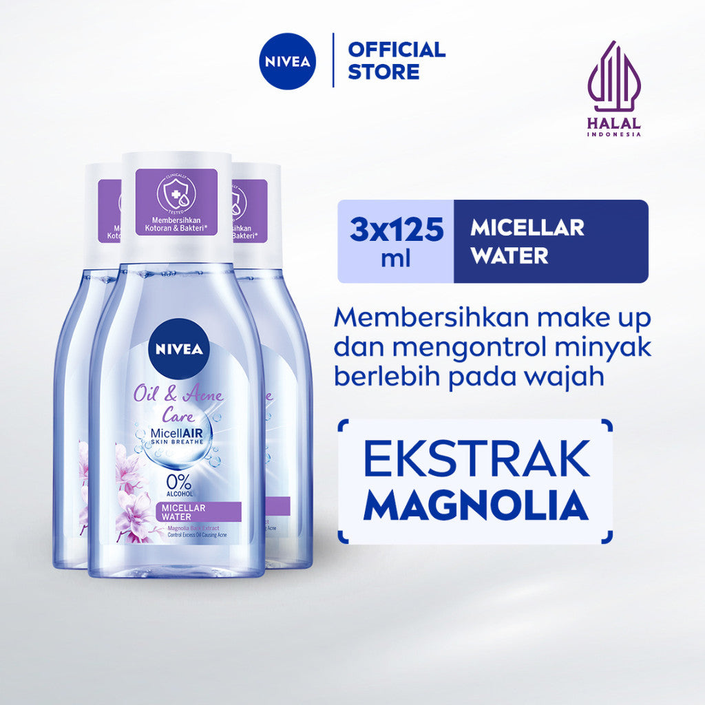 (PAKET HEMAT ISI 3) NIVEA Micellar Water MicellAir Oil & Acne Care 125ml - Pembersih make up aman untuk kulit berminyak jerawat sensitif oily acne prone skin penghapus riasan wajah double cleansing tanpa alkohol - Magnolia Bark Extract, 0% Alcohol