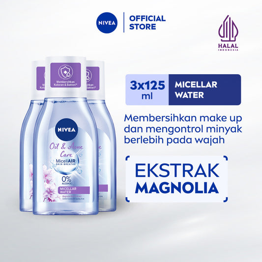 (PAKET HEMAT ISI 3) NIVEA Micellar Water MicellAir Oil & Acne Care 125ml - Pembersih make up aman untuk kulit berminyak jerawat sensitif oily acne prone skin penghapus riasan wajah double cleansing tanpa alkohol - Magnolia Bark Extract, 0% Alcohol