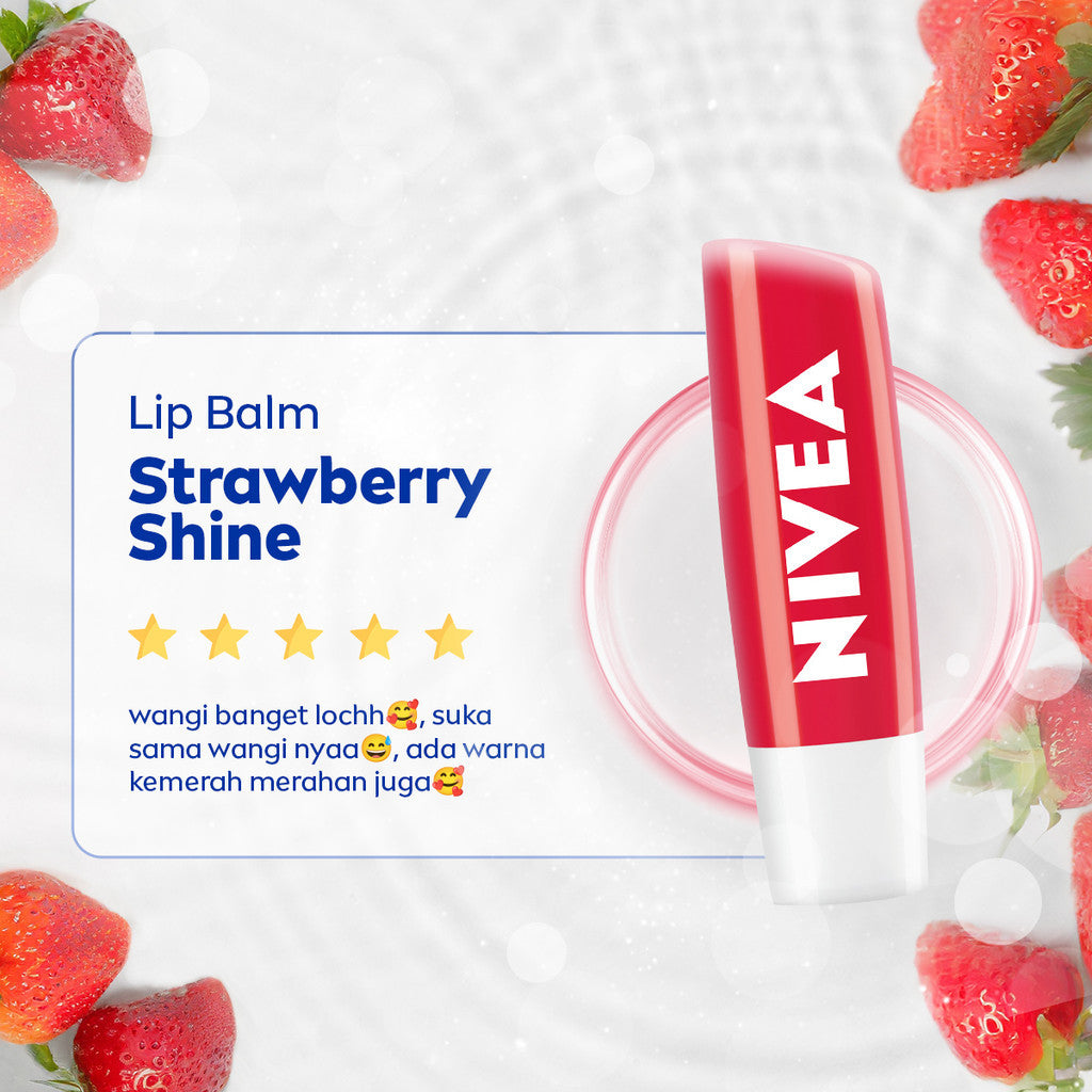 (PAKET HEMAT ISI 2) NIVEA Lip Balm Strawberry Shine 4.8gr - Pelembap bibir warna pink tinted pigmented melembabkan plumpy kering pecah-pecah tahan lama melindungi bibir intensif lembap tidak berminyak glossy - Avocado Oil, Jojoba Oil, Hydra IQ