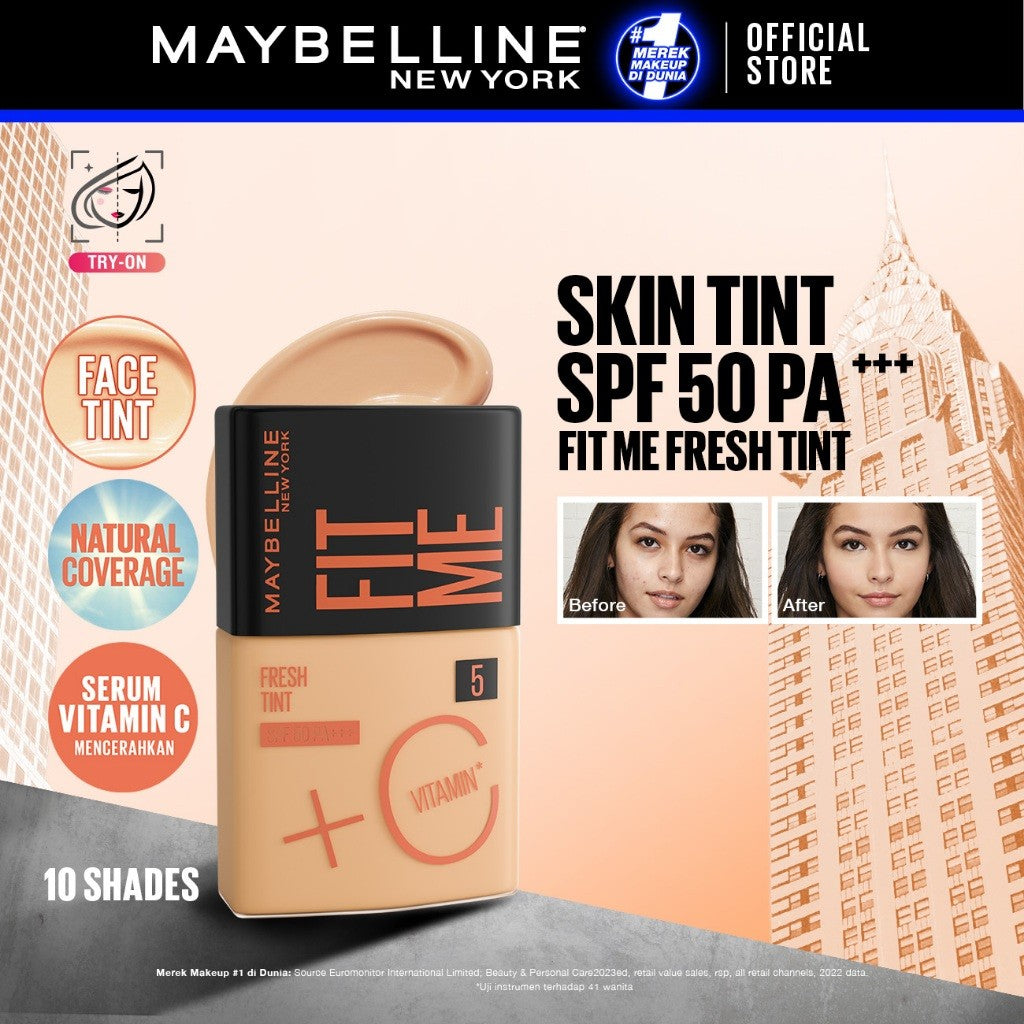 MAYBELLINE OFFICIAL Fit Me Fresh Tint 3 IN 1 30ml Skin Tint Foundation Tinted Sunscreen SPF 50 PA+++ Vitamin C Serum Face Makeup Natural Cushion Foundation Bedak Padat Concealer BB Cream Foundation Waterproof Skin Tint Fondation Sunblock