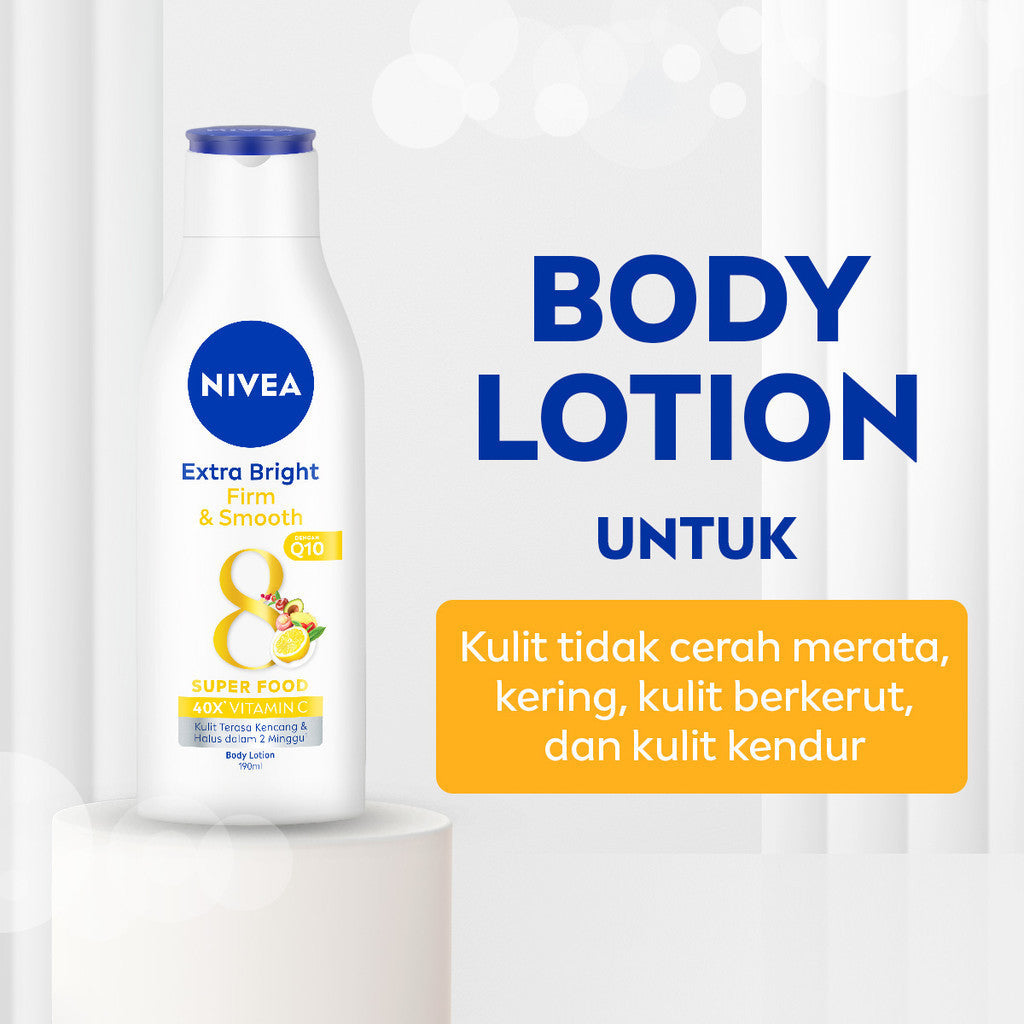NIVEA Body Lotion Extra Bright Firm & Smooth Q10 190ml - Hand body lotion moisturizer mencerahkan kulit halus lembut badan mengencangkan kulit kendur kencang melembabkan kering anti aging penuaan dini - 40x Vitamin C, UVA UVB Filter, 8 Super food