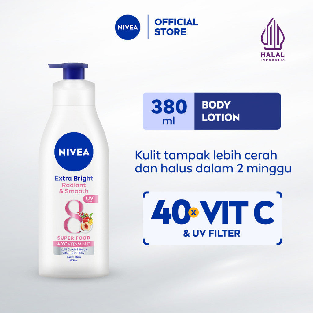 NIVEA Body Lotion Extra Bright Radiant & Smooth UV Filter 380ml - Hand body lotion moisturizer mencerahkan kulit kusam halus lembut badan glowing brightening tone up serum melembabkan kulit kering - 40x Vitamin C, UVA UVB Filter, 8 Super food