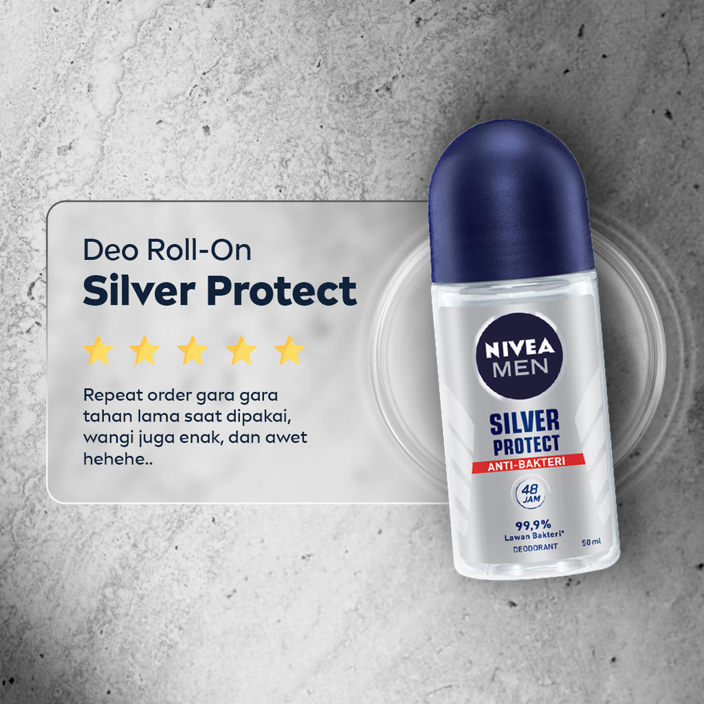 NIVEA MEN Deodorant Roll On Silver Protect 50ml - Deodoran pria anti bakteri antiperspirant anti noda baju wangi segar ketiak kering tahan lama seharian tahan keringat anti bau - Antiperspiran, tidak mengandung ethyl alkohol