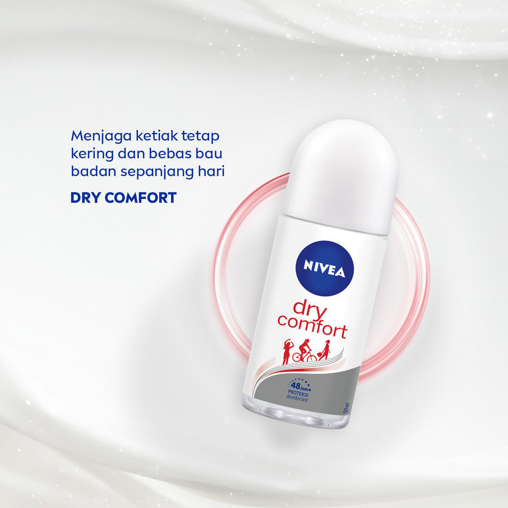 NIVEA Deodorant Roll On Dry Comfort 25ml - Deodoran wanita kering mengontrol minyak anti bau keringat dan bakteri dengan aroma lembut segar tahan lama seharian - Antiperspiran, tidak mengandung ethyl alkohol cocok untuk semua jenis kulit