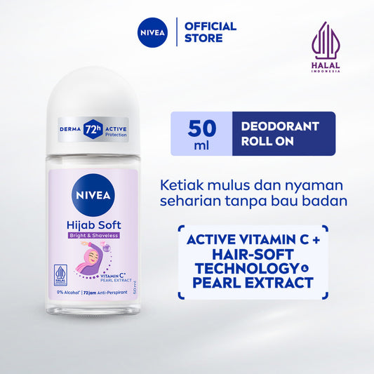 NIVEA Deodorant Roll On Brightening Hijab Soft 50ml - Deodoran wanita hijab halal mencerahkan brightening kullit lembut mengurangi frekuensi cukur bulu ketiak wangi segar tahan lama seharian - Antiperspiran, Vitamin C, Ekstrak Mutiara, 0% alkohol