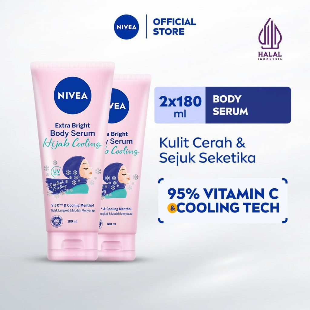 (PAKET HEMAT ISI 2) NIVEA Body Serum Extra Bright Hijab Cooling 180ml - Hand body serum lotion moisturizer mencerahkan kulit kusam badan glowing brightening tone up melembabkan kering halal - 95% Vitamin C, UVA UVB Filter, Peppermint menthol, 0% alkohol