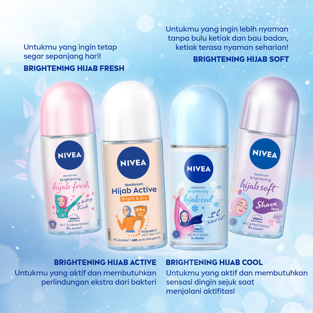 (PAKET HEMAT ISI 2) NIVEA Deodorant Roll On Brightening Hijab Fresh 50ml - Deodoran wanita hijab halal mencerahkan brightening ketiak tahan keringat bau badan wangi segar tahan lama seharian - Antiperspiran, Vitamin C, Ekstrak Sakura, 0% alkohol