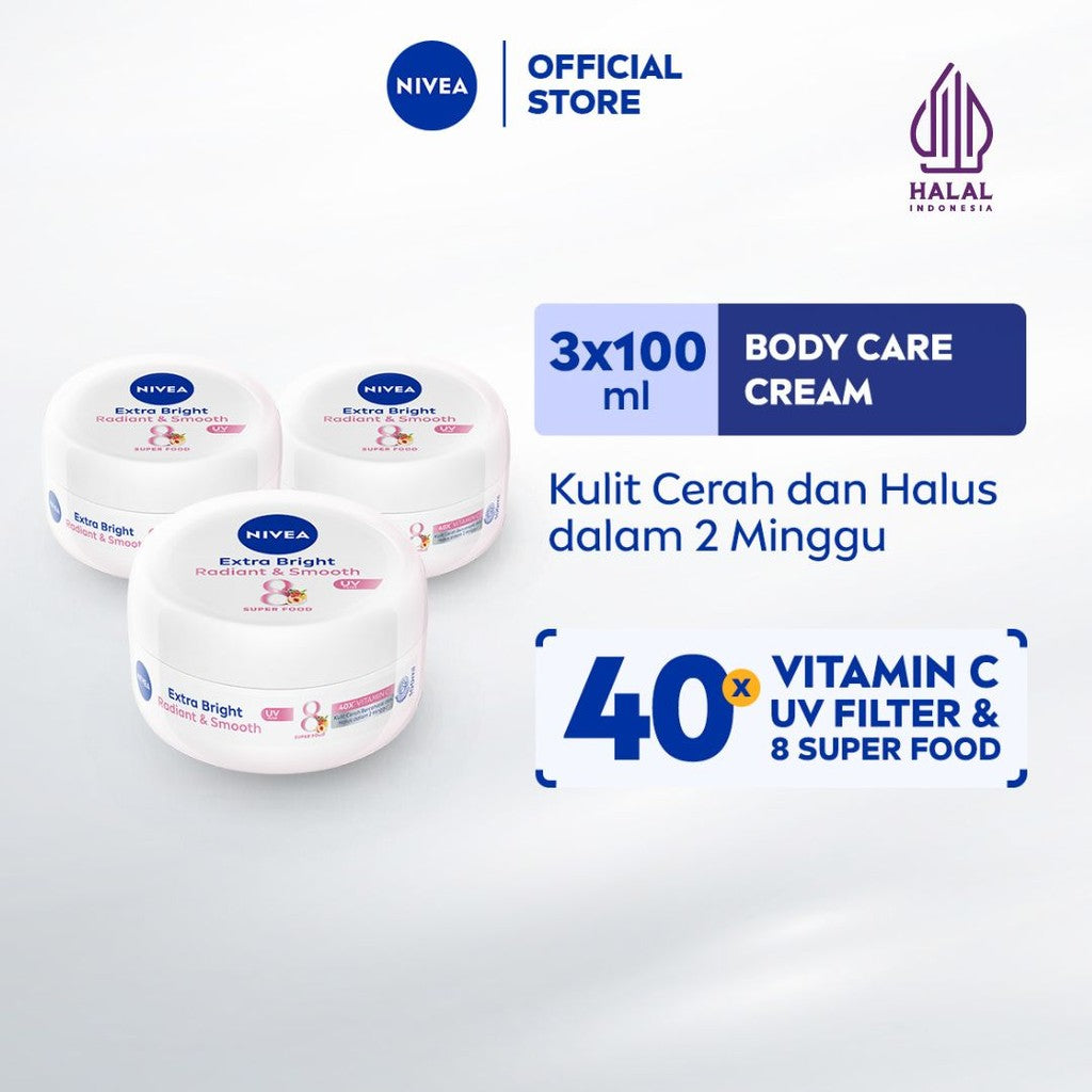 (PAKET HEMAT ISI 3) NIVEA Body Cream Extra Bright Radiant & Smooth UV Filter 100ml - Hand body krim lotion moisturizer mencerahkan kulit kusam halus lembut badan glowing brightening tone up lembap kulit kering - 40x Vitamin C, UVA UVB Filter, 8 Super food