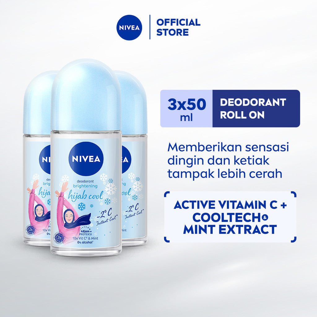 (PAKET HEMAT ISI 3) NIVEA Deodorant Roll On Brightening Hijab Cool 50ml - Deodoran wanita hijab halal mencerahkan brightening kulit ketiak tahan keringat bau badan sensasi dingin instant wangi segar seharian - Antiperspiran, Ekstrak Mint, Halal