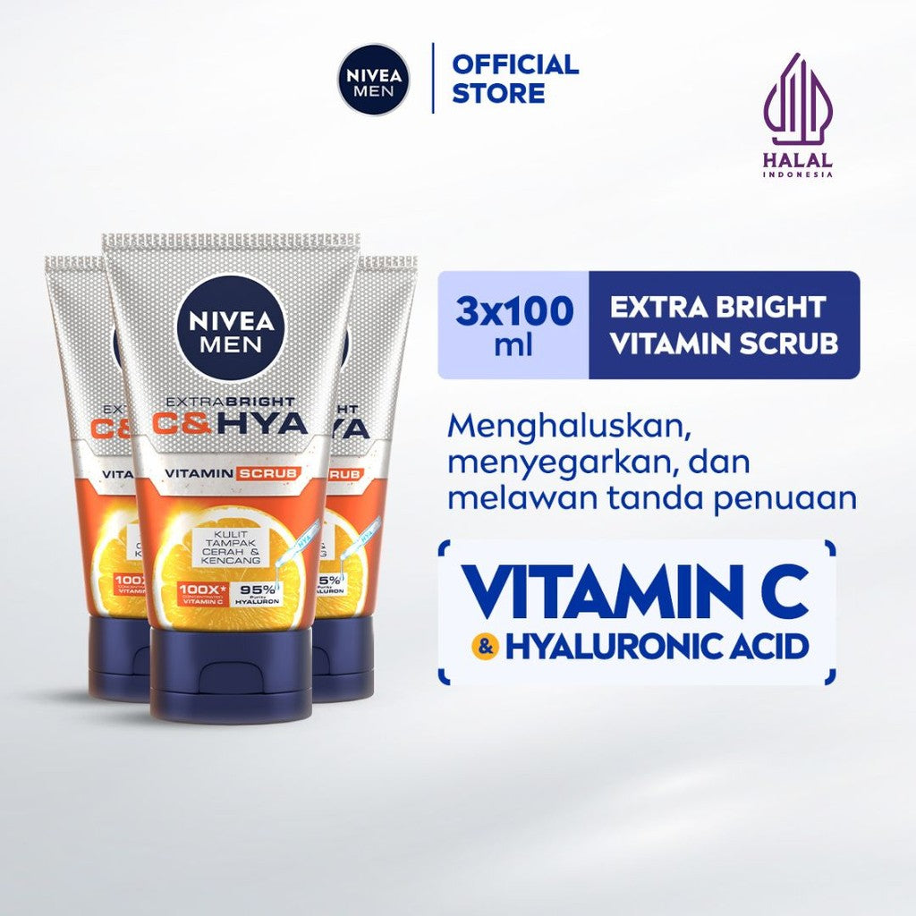 (PAKET HEMAT ISI 3) NIVEA MEN Vitamin Scrub Extra Bright C&HYA 100ml - Sabun cuci muka pria scrub mencerahkan angkat sel kulit mati brightening kulit kusam pembersih wajah cerah membersihkan pori pori polusi debu kotoran - Vitamin C, Hyaluronic acid