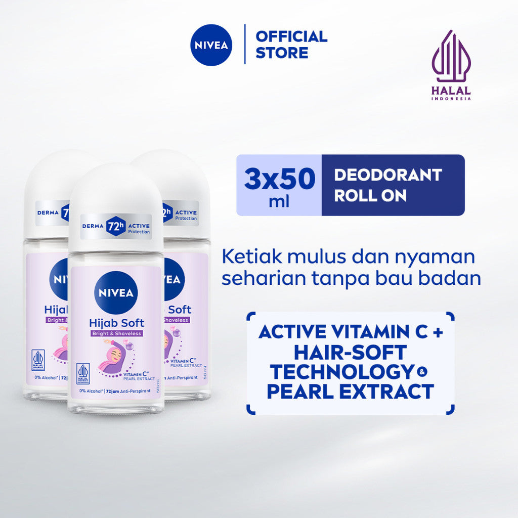 (PAKET HEMAT ISI 3) NIVEA Deodorant Roll On Brightening Hijab Soft 50ml - Deodoran wanita hijab halal mencerahkan brightening kullit lembut mengurangi frekuensi cukur bulu ketiak wangi segar seharian - Antiperspiran, Vitamin C, Ekstrak Mutiara, 0% alkohol