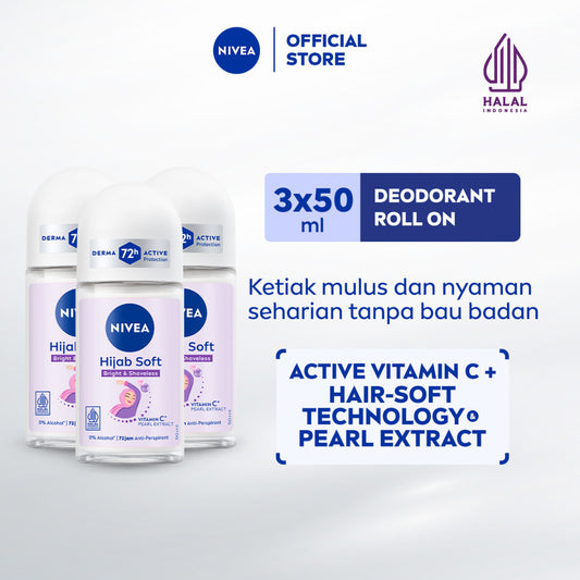 (PAKET HEMAT ISI 3) NIVEA Deodorant Roll On Brightening Hijab Soft 50ml - Deodoran wanita hijab halal mencerahkan brightening kullit lembut mengurangi frekuensi cukur bulu ketiak wangi segar seharian - Antiperspiran, Vitamin C, Ekstrak Mutiara, 0% alkohol