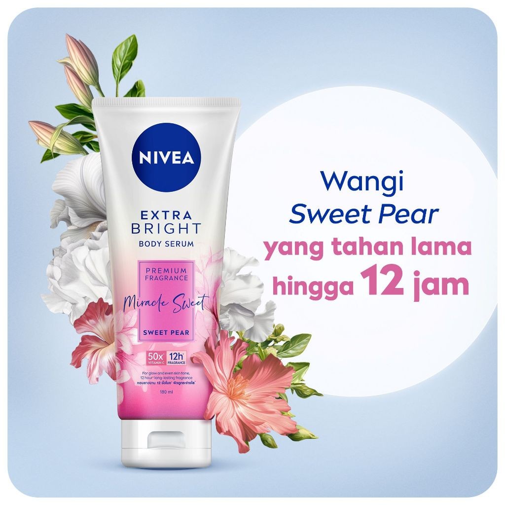 (PAKET HEMAT ISI 2) NIVEA Body Serum Extra Bright Premium Fragrance Miracle Sweet 180ml - Hand body serum lotion moisturizer wangi parfum mahal kalem tahan lama mencerahkan kulit kusam badan glowing brightening tone up melembabkan kering - 50x Vitamin C