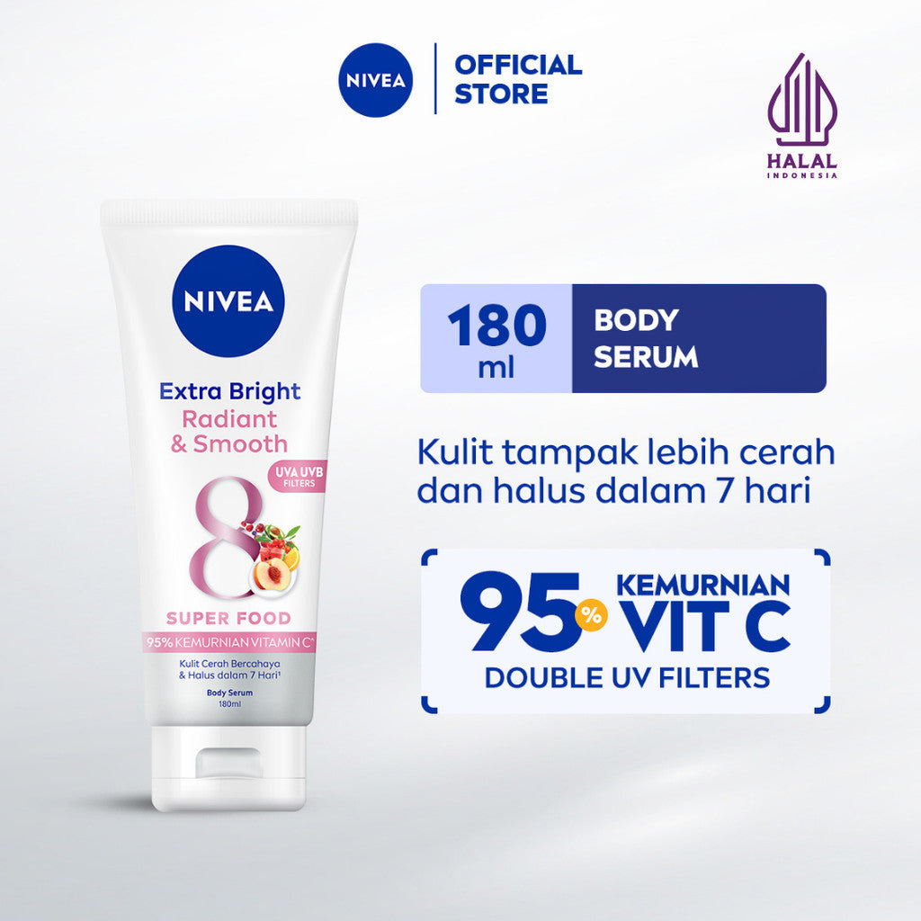 NIVEA Body Serum Extra Bright Radiant & Smooth UV Filter 180ml - Hand body serum lotion moisturizer mencerahkan kulit kusam halus lembut badan glowing brightening tone up serum melembabkan kulit kering - 95% Vitamin C, UVA UVB Filter, 8 Super food